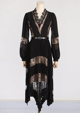 Vestidos largos de moda negros con escote en V, encaje, patchwork y flores, con mangas abullonadas
